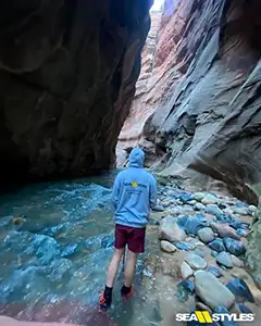 boy hiking in sea tow sweatshirt